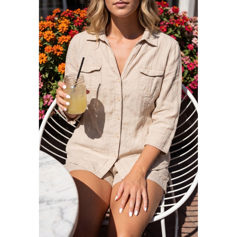 Merona Womens XXL Tan Beige 100% Linen Button Down Utility Shirt 3/4 Roll Sleeve